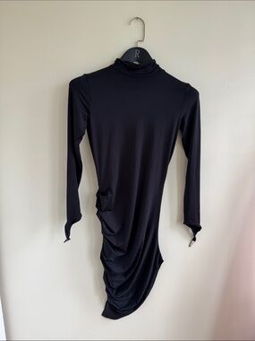 Black Asymmetrical Ruched Long-Sleeve Dress